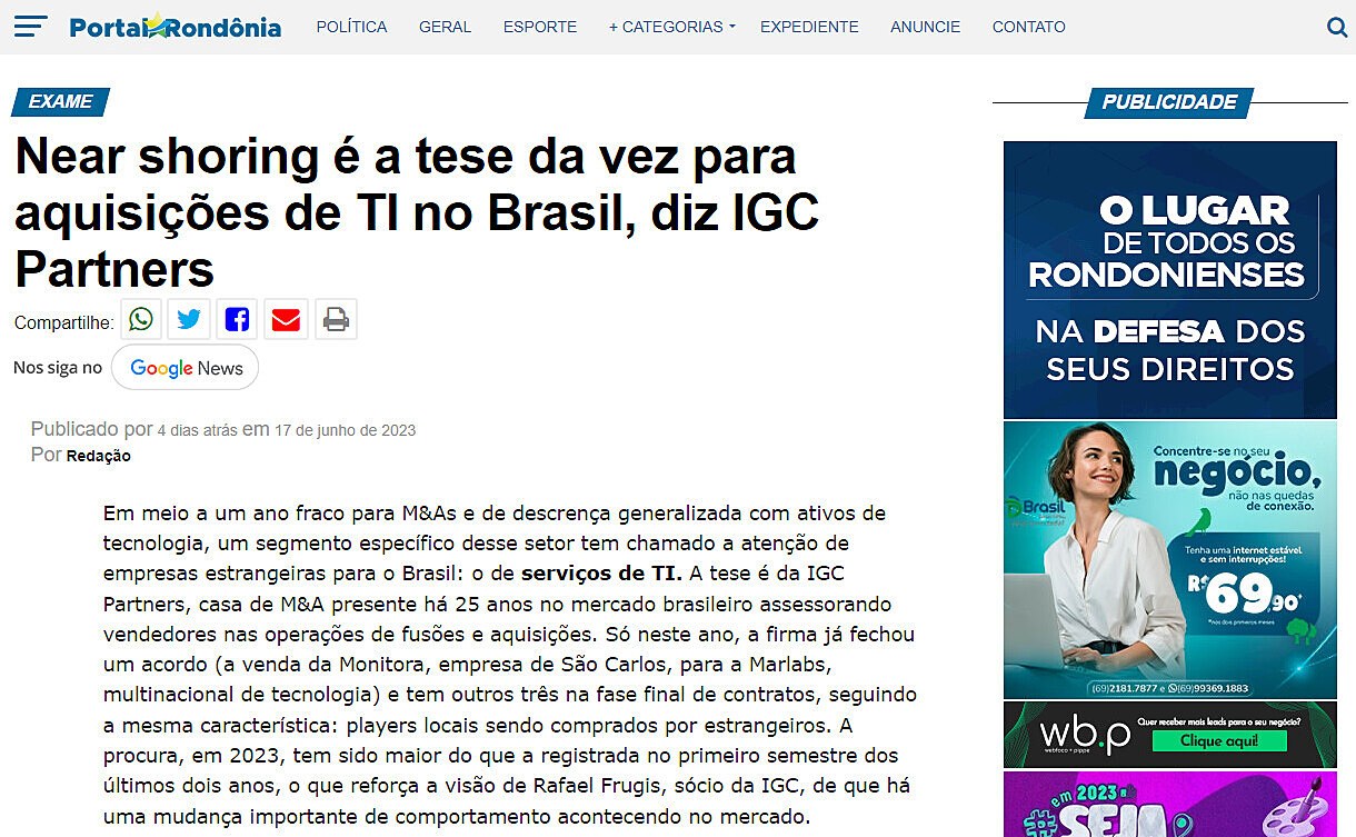 Near shoring  a tese da vez para aquisies de TI no Brasil, diz IGC Partners